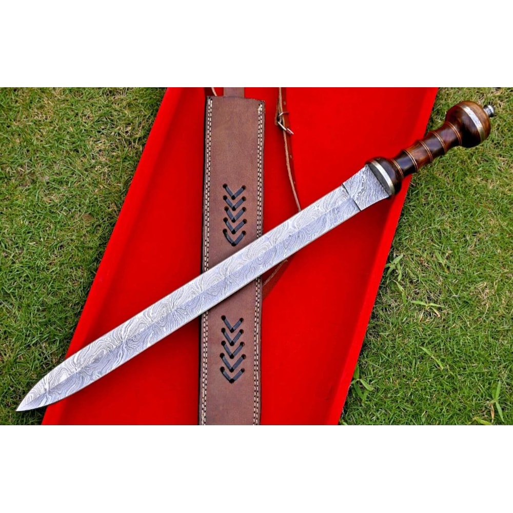 Handmade Damascus Steel Roman Gladius Sword Medieval Collectible Blade With Leather Sheath 0