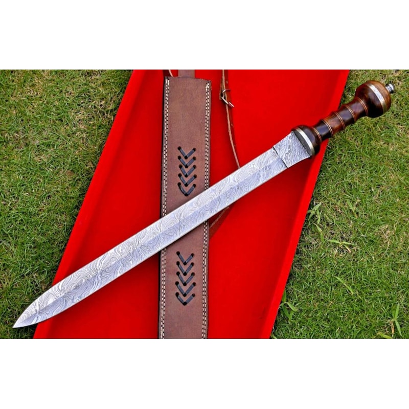 Handmade Damascus Steel Roman Gladius Sword Medieval Collectible Blade With Leather Sheath 0