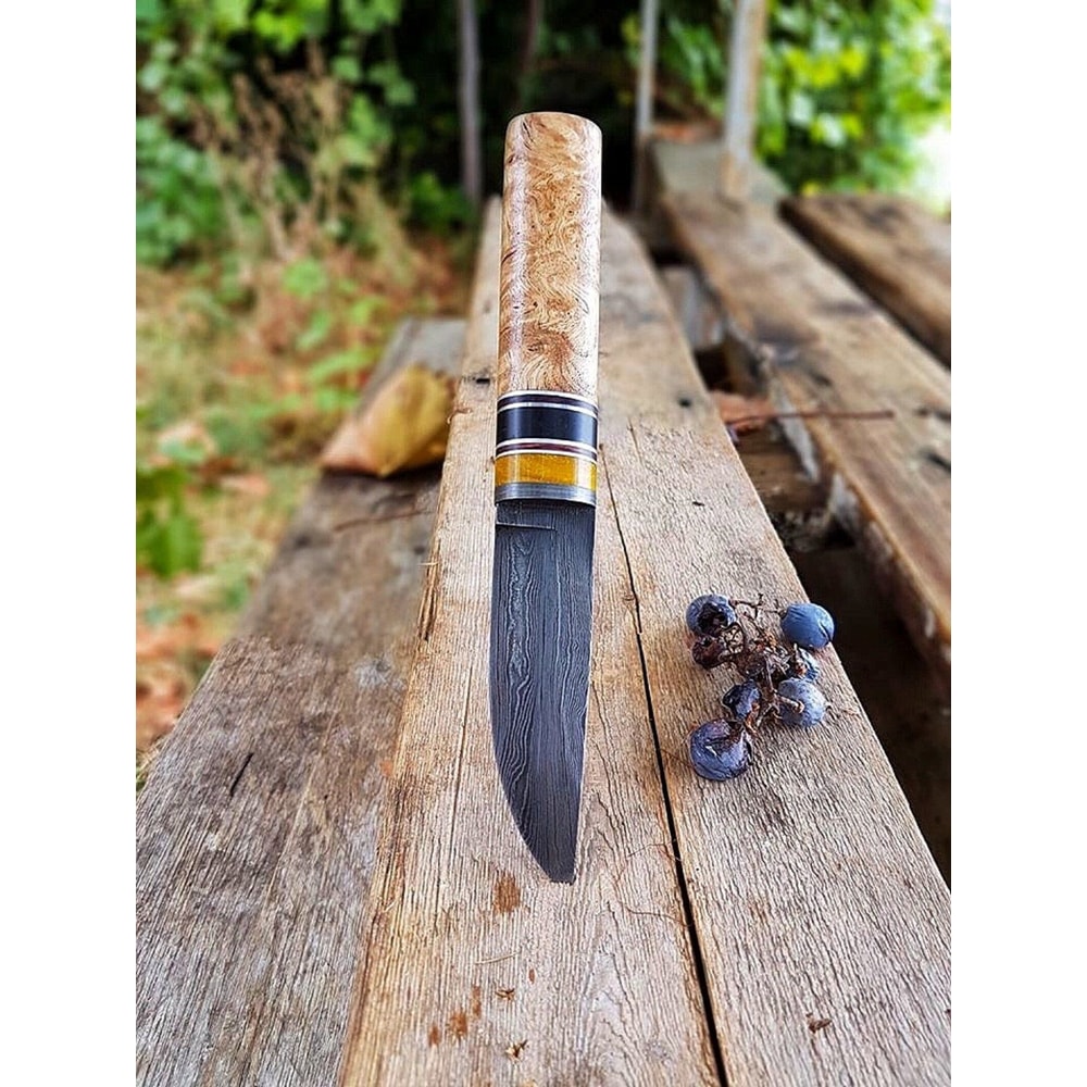 Premium Blacksmith Forged Puukko Knife In Damascus Steel With Natural Wood Handle 0