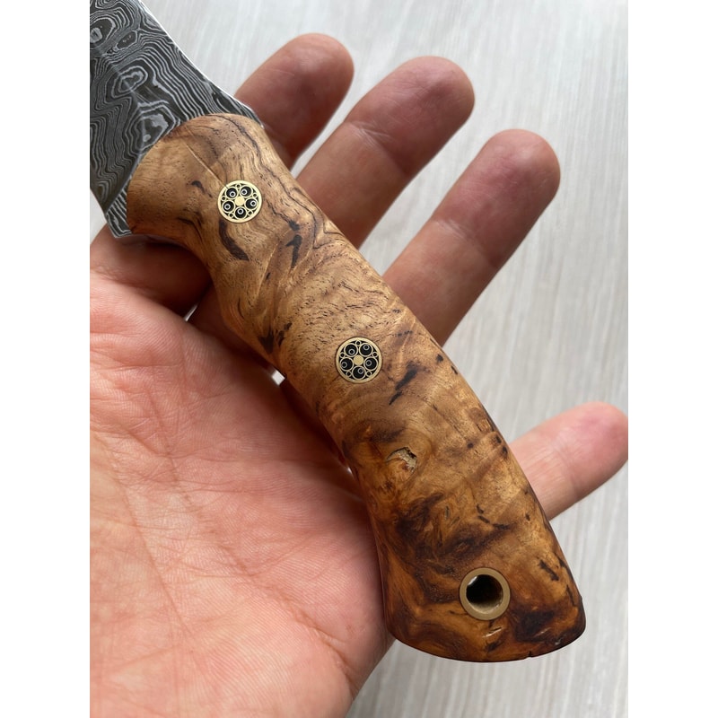 Blacksmith Forged Damascus Camping Knife With Full Tang Chestnut Wood Grip 5