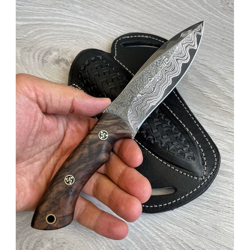 Damascus Hunting EDC Knife With Leather Sheath Walnut Wood Handle 4