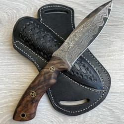damascus hunting edc knife with leather sheath & walnut wood handle