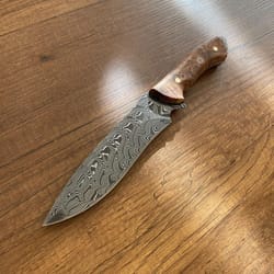 damascus bushcraft hunting knife with chestnut wood handle & leather sheath