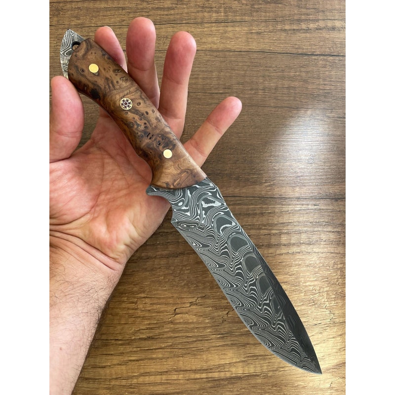 Damascus Bushcraft Hunting Knife With Chestnut Wood Handle Leather Sheath 6
