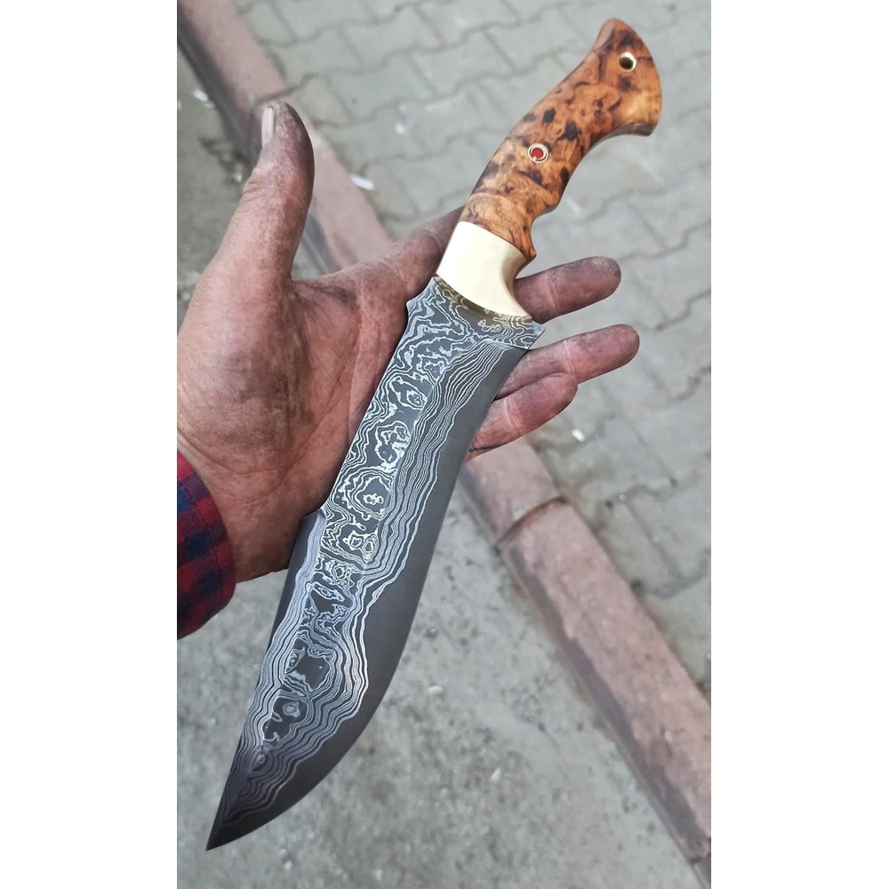 Handmade Damascus Camping Knife Chestnut Wood Handle Outdoor Survival Blade 3