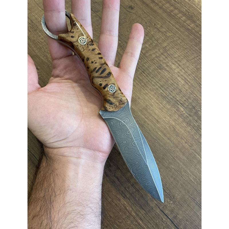 Damascus Hunting EDC Knife With Chestnut Wood Handle Leather Sheath 2
