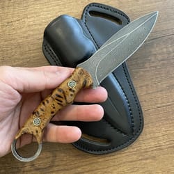 damascus hunting edc knife with chestnut wood handle & leather sheath