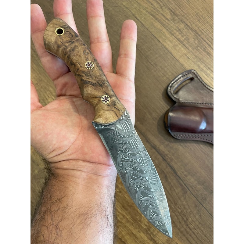 Damascus EDC Knife 150 Layers Full Tang Camping Knife Gloss Finished Chestnut Handle 4