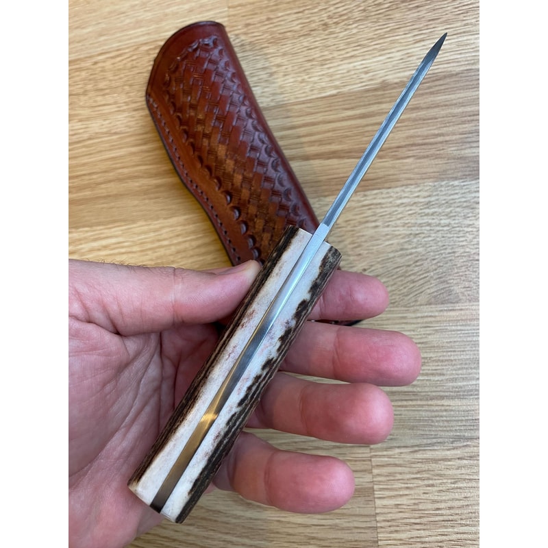 Damascus Camping Survival Knife With Stag Horn Handle Leather Sheath 4