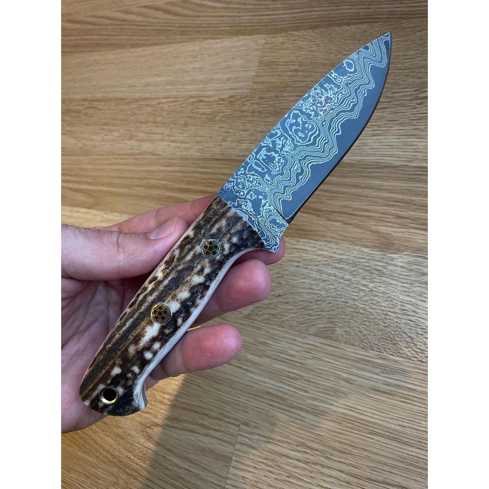 Damascus Camping Survival Knife With Stag Horn Handle Leather Sheath 5