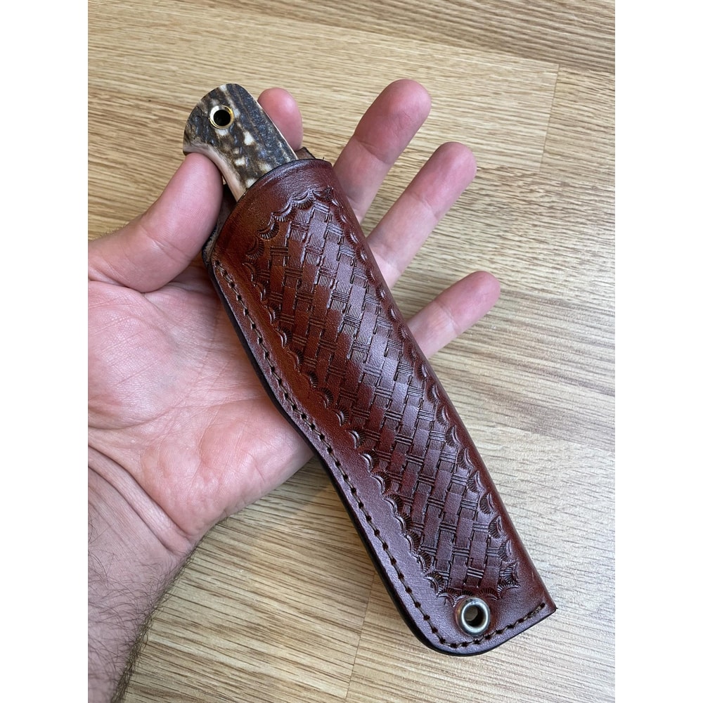 Damascus Camping Survival Knife With Stag Horn Handle Leather Sheath 6