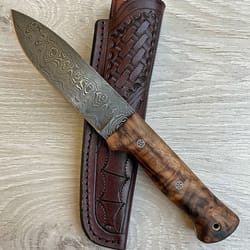 damascus hunting bushcraft knife with side draw sheath & chestnut wood handle