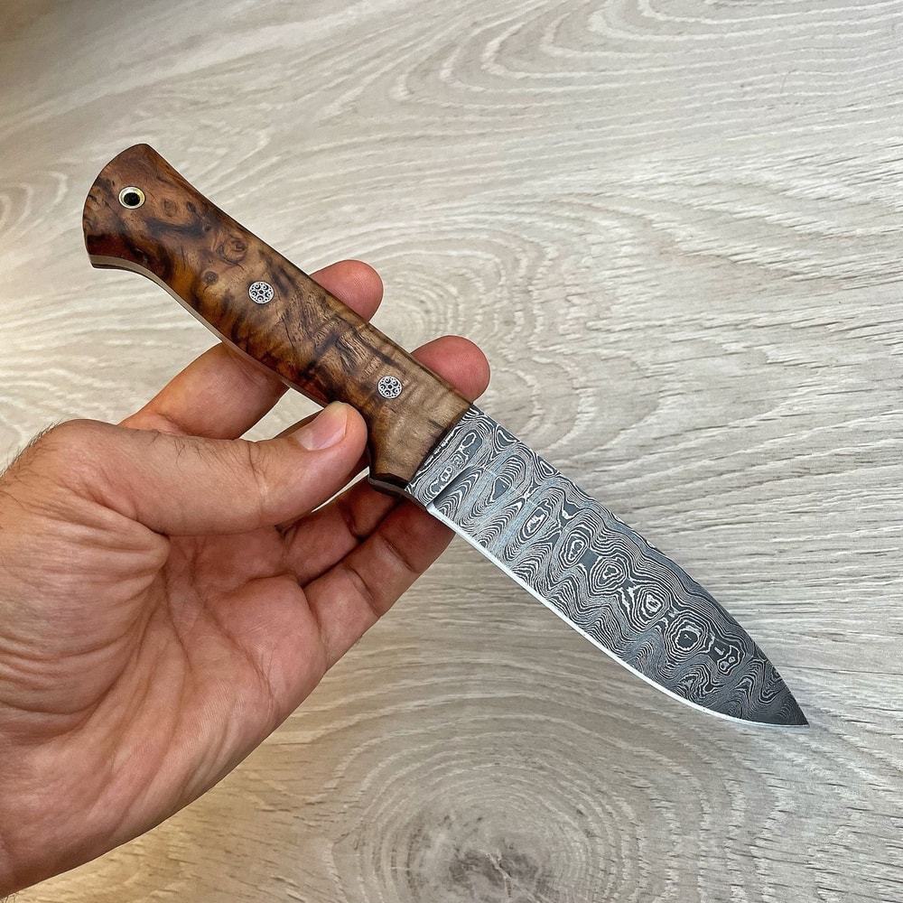 Damascus Hunting Bushcraft Knife With Side Draw Sheath Chestnut Wood Handle 7