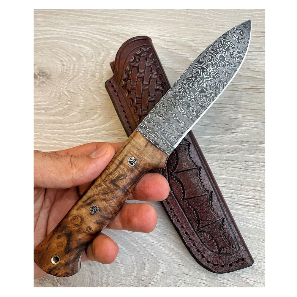 Damascus Hunting Bushcraft Knife With Side Draw Sheath Chestnut Wood Handle 8
