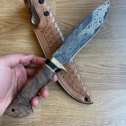 full tang damascus bowie hunting knife with walnut ebony wood handle