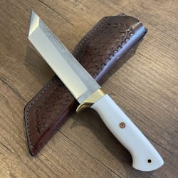 premium full tang camping knife with n690 steel & white corian grip