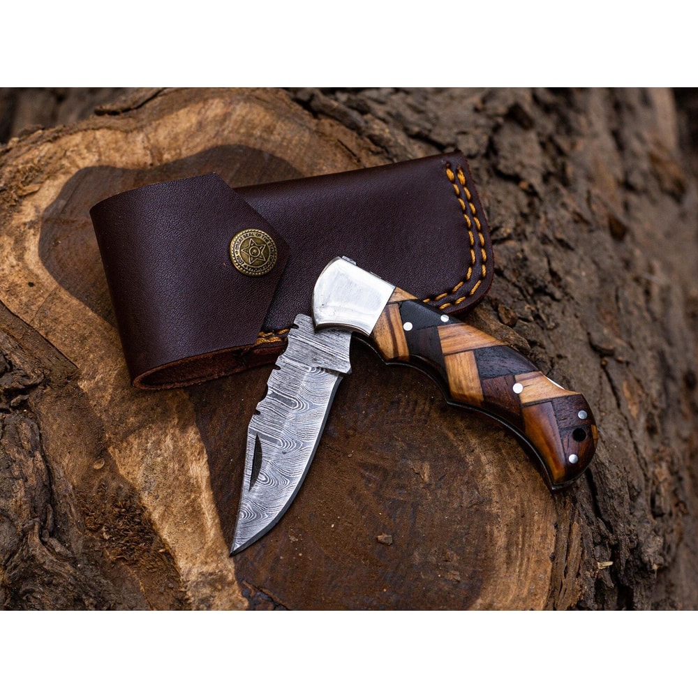 Premium Damascus Steel Pocket Knife Rosewood Handle Back Lock Design 0