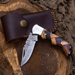 premium damascus steel pocket knife rosewood handle back lock design
