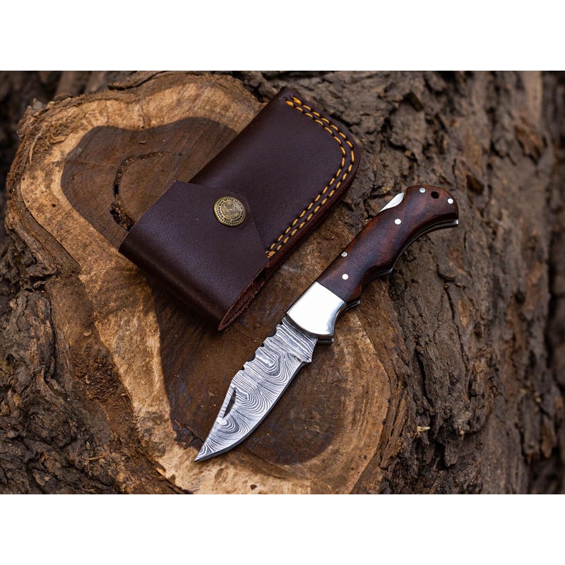 Premium Damascus Steel Pocket Knife Rosewood Handle Back Lock Design 2