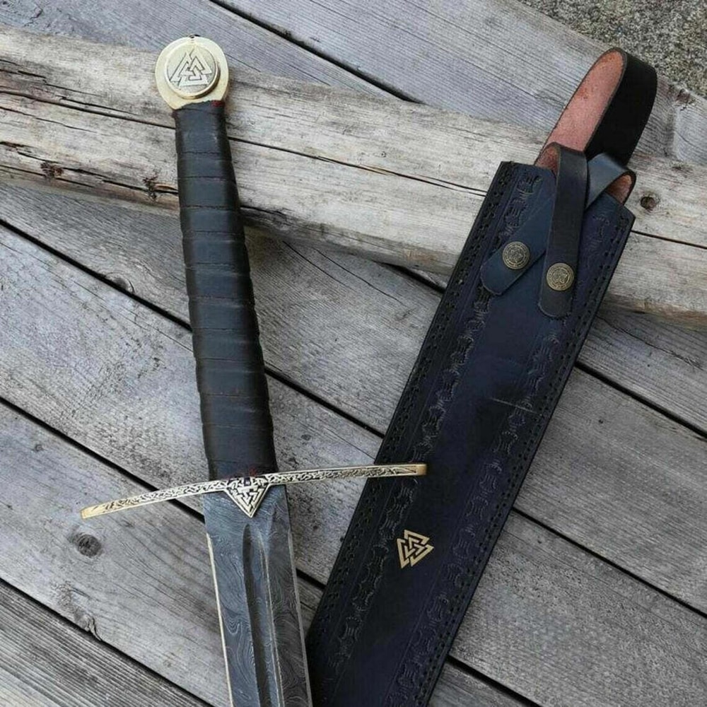 Premium Damascus Viking Long Sword Leather Wrapped Handle Cosplay Collectible 3