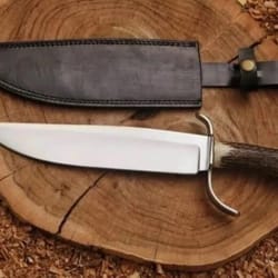 premium bowie hunting knife stag antler grip leather sheath collectible