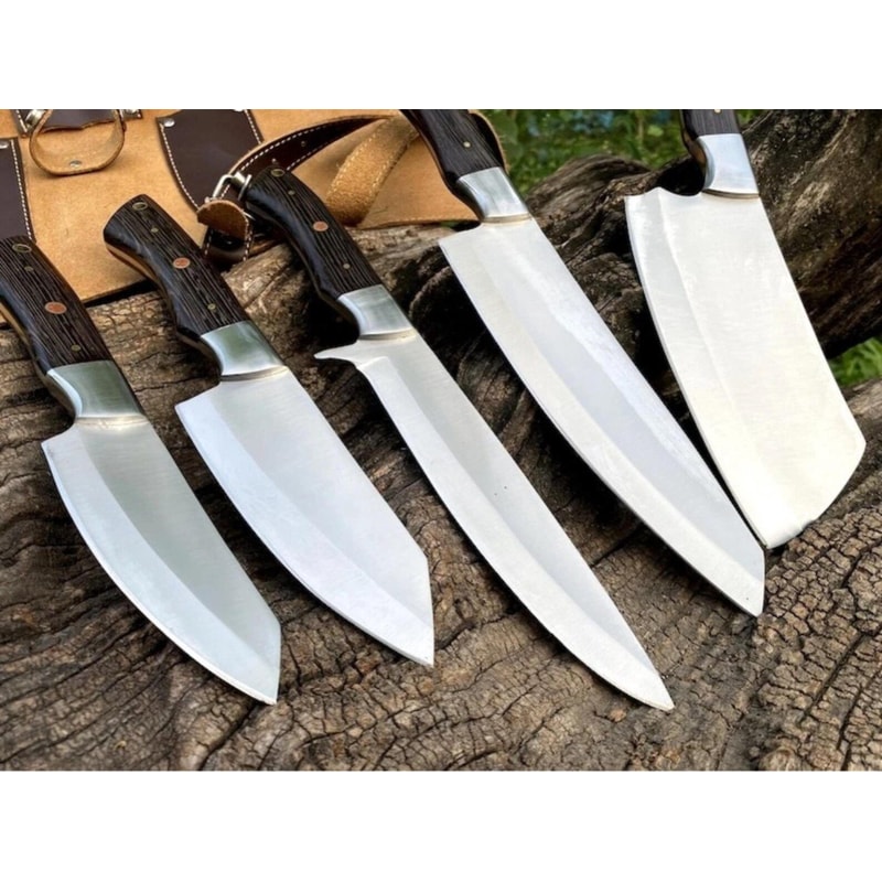 Premium Carbon Steel Chef Knife Set 5 Piece Culinary Collection With Leather Roll 3