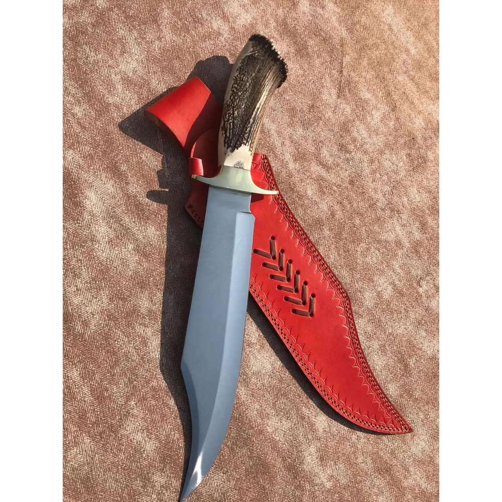 Premium D2 Steel Bowie Hunting Knife Stag Horn Grip Collector Gift 0