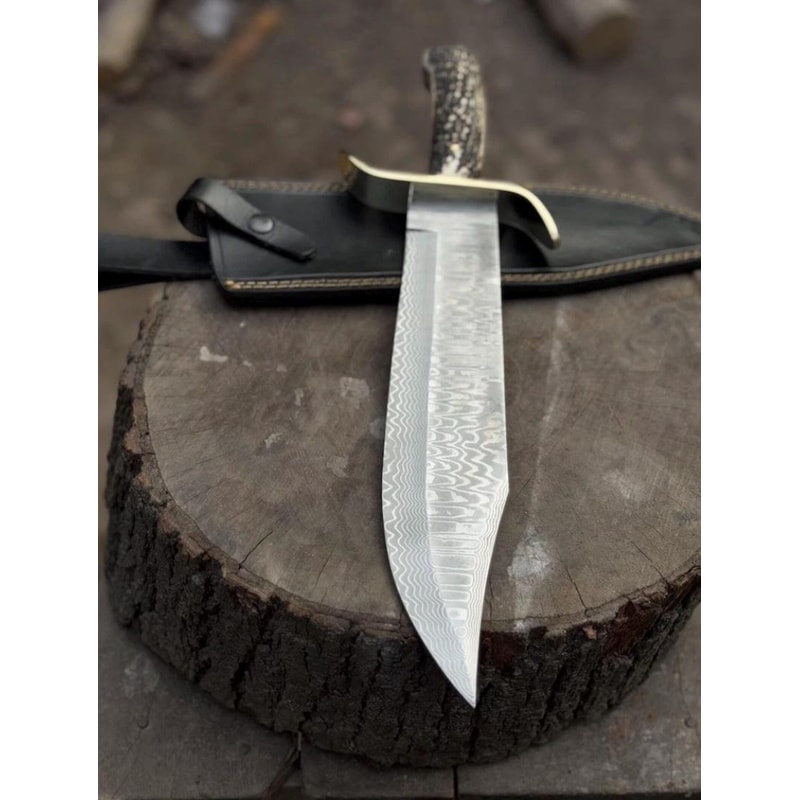 Premium Damascus Bowie Knife Fixed Blade Stag Horn Grip Leather Sheath 4