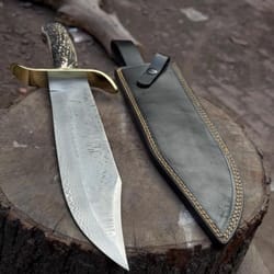 premium damascus bowie knife fixed blade stag horn grip leather sheath