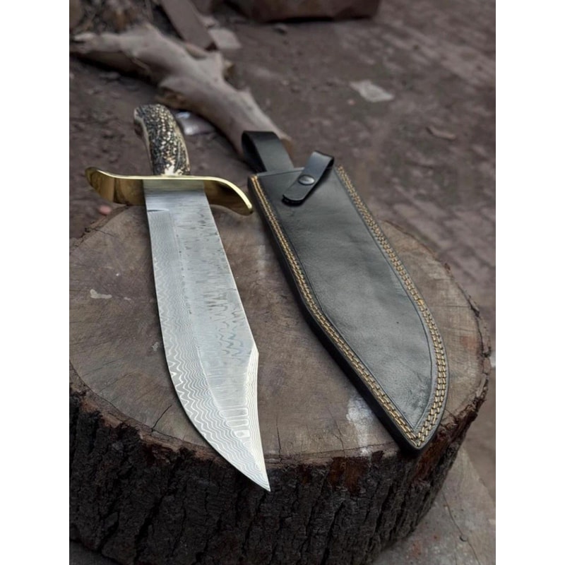 Premium Damascus Bowie Knife Fixed Blade Stag Horn Grip Leather Sheath 0