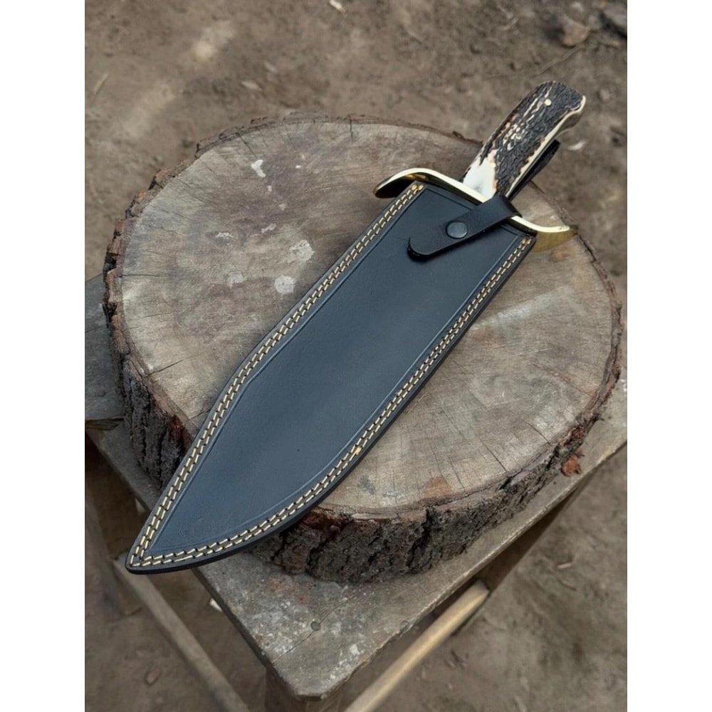 Premium Damascus Bowie Knife Fixed Blade Stag Horn Grip Leather Sheath 5
