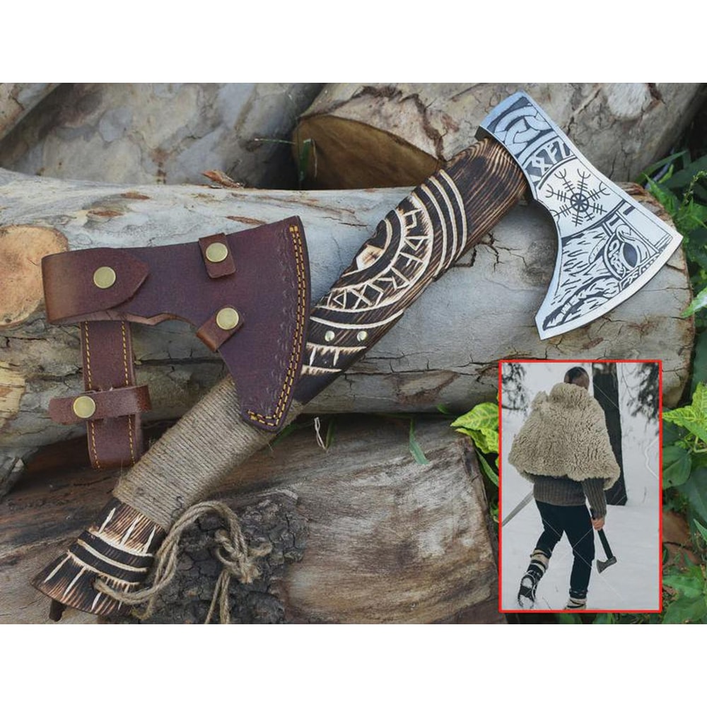 Premium Viking Axe 18 Inch High Carbon Steel Norse Engraved Axe With Wooden Handle 3