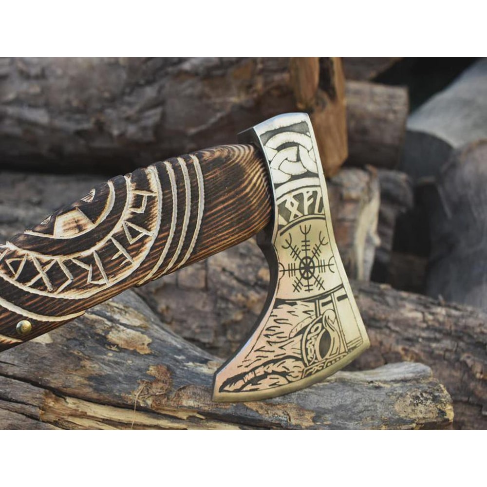 Premium Viking Axe 18 Inch High Carbon Steel Norse Engraved Axe With Wooden Handle 5