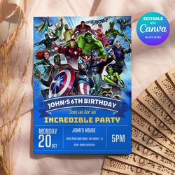 marvel birthday invitation, super hero party, marvel birthday party invitation canva editable