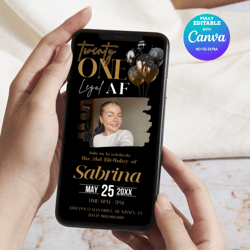 twenty one legal af birthday invitation with black and gold, twenty one e-invite birthday invitation canva editable
