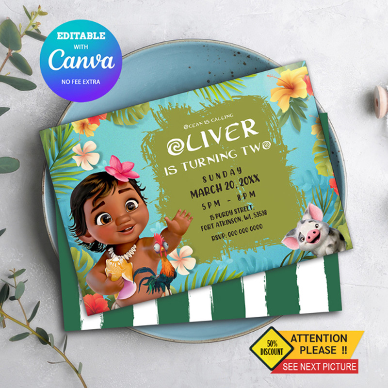 Baby Moana Birthday Invitation Baby Moana Birthday Party Invitation Canva Editable 0