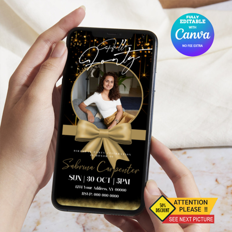 Forty Gold Birthday Invitation Forty Mobile Invitation Hello Forty Birthday Invite Birthday Invitati