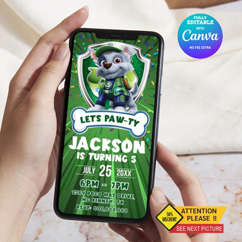 Rocky Paw Patrol Birthday Invitation Rocky Paw Patrol EInvite Birthday Invitation Canva Editable 0