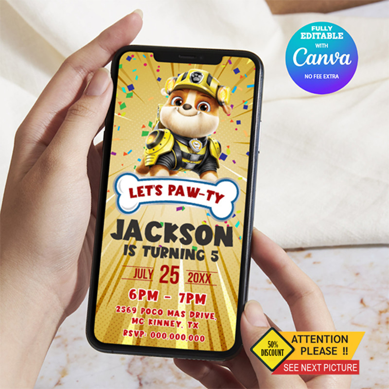 Rubble Paw Patrol Birthday Invitation Rubble Paw Patrol EInvite Birthday Invitation Canva Editable 0