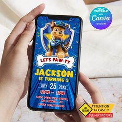 chase patrol birthday invitation, chase paw patrol e-invite birthday invitation canva editable
