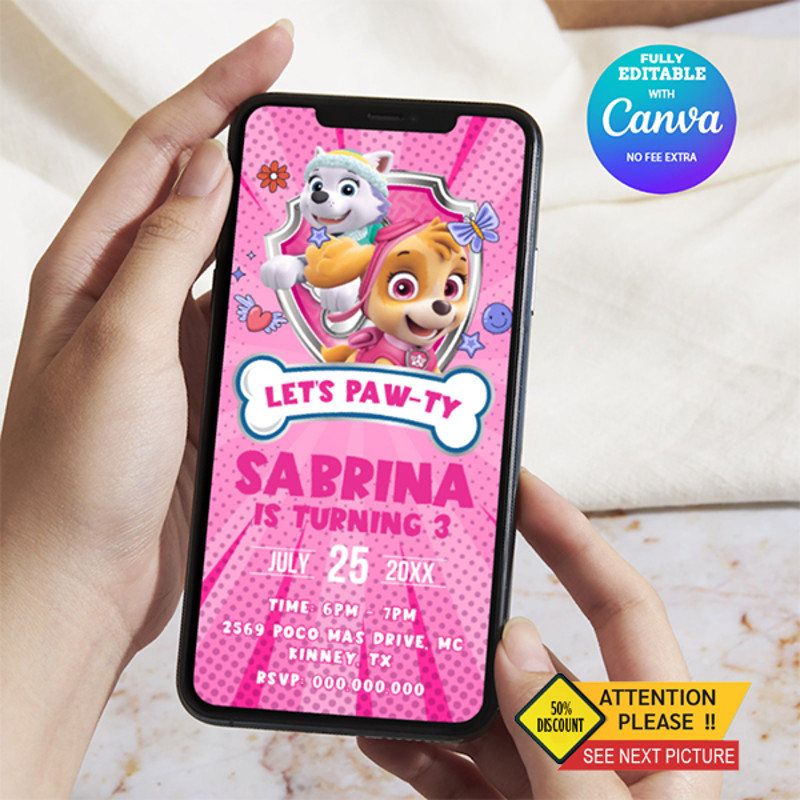 Skye Birthday Invitation Pawty Birthday EInvite Birthday Invitation Canva Editable 0