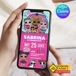 lol doll surprise birthday invitation, lol doll surprise e-invite birthday invitation canva editable