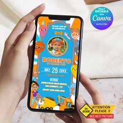 blippi mobile birthday invitation, blippi e-invite birthday invitation canva editable