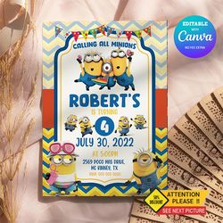 minion birthday invitation, minion party, minion any age birthday party invitation canva editable