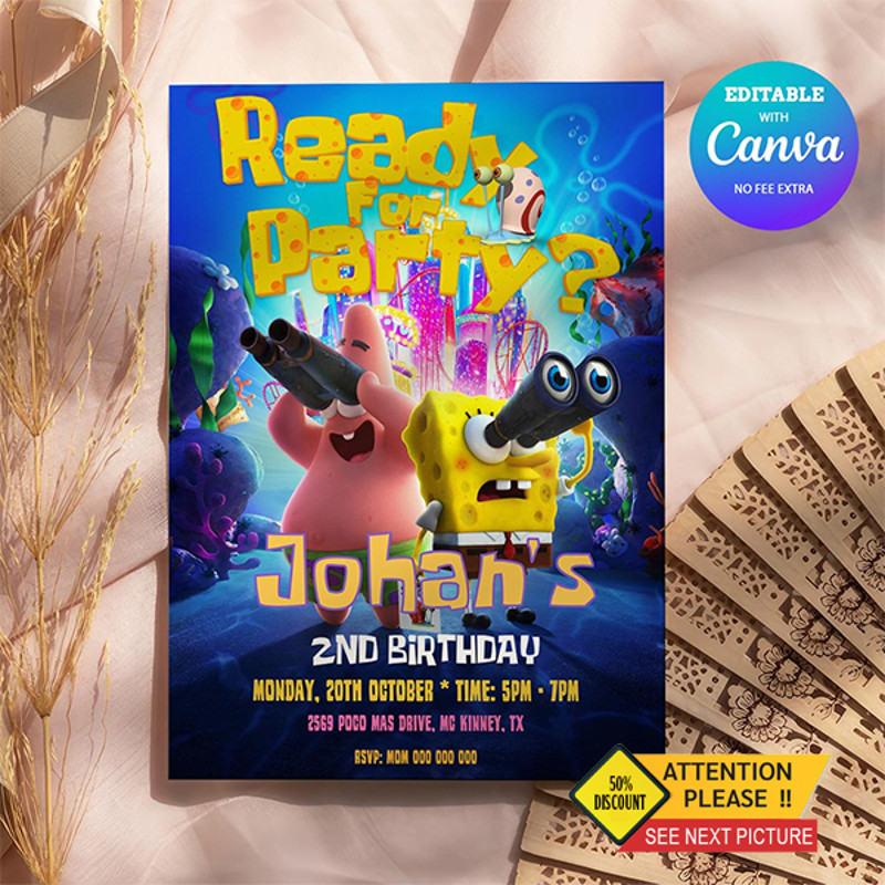 SpongeBob Birthday Invitation Canva Editable, SpongeBob ANY AGE BIrthday Invitation