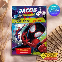 spider into the spider verse birthday invitation canva editable