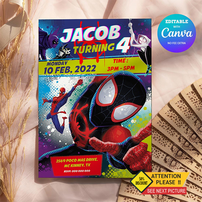 Spider Into The Spider Verse Birthday Invitation Canva Editable 0