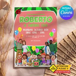 cocomelon birthday invitation canva editable