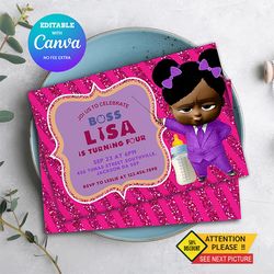 afro boss baby girl any age birthday invitation, afro girl birthday invitation canva editable