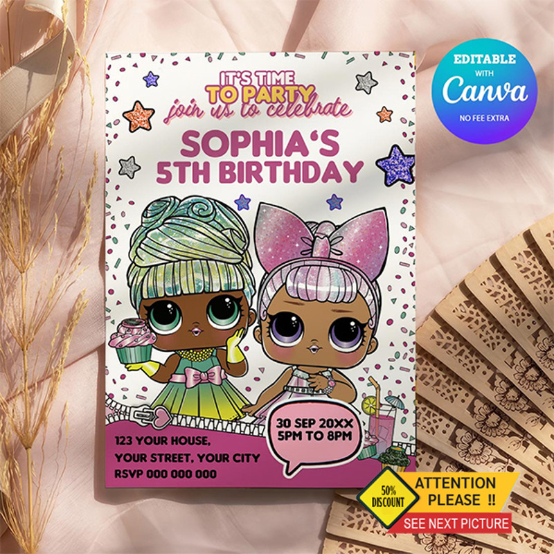 LOL Surprise Birthday Girl Invitation Canva Editable Instant Download 0